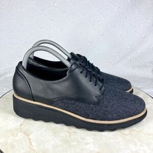 Clarks Wedge Oxford Dress Shoes Sz 8‎ Black Lace Up Preppy Work Platform Loafer